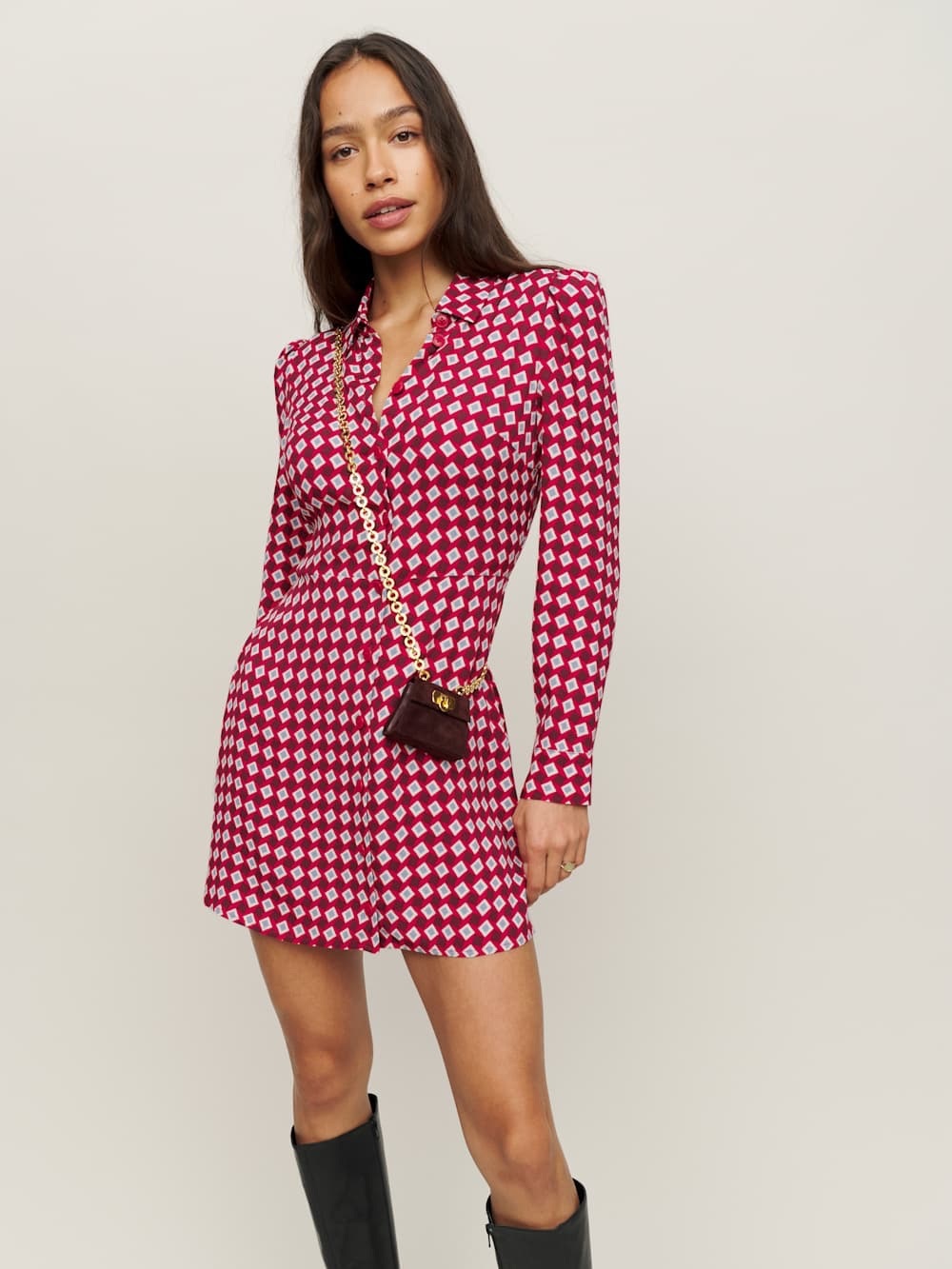 Reformation Scheana Dress mini shirt geometric size 4 long sleeve collared retro